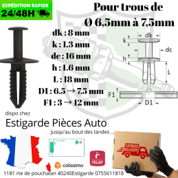 Agrafe de carrosserie universelle pour trous de base 6,5 mm à 7,5mm vente à l'unité